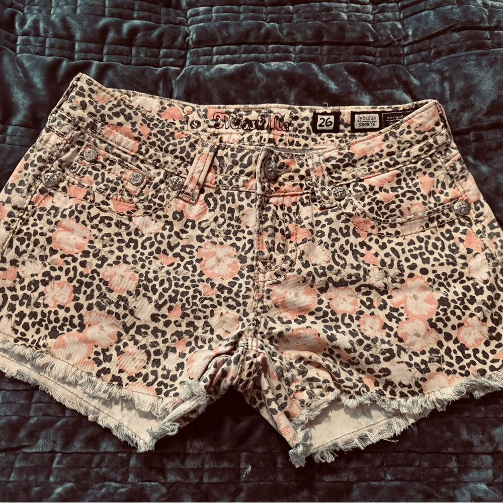 Miss Me Peach Floral Leopard Print Jean Shorts